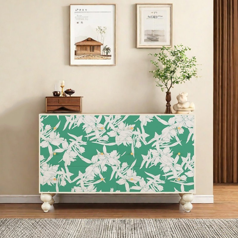 53.1in Six-drawer Sideboard, White/Green