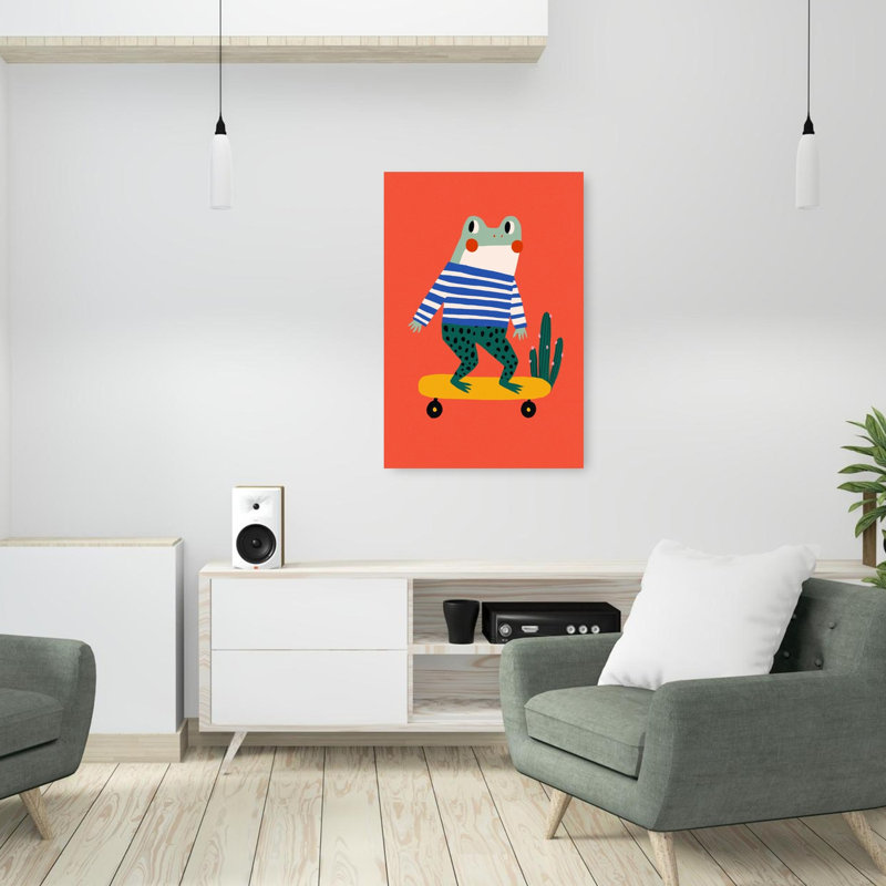 Skating Frog Modern Playful Whimsical Cactus Frog Landscape Nature Wall Art Print 1 Piece Wrapped Canvas Wall Art