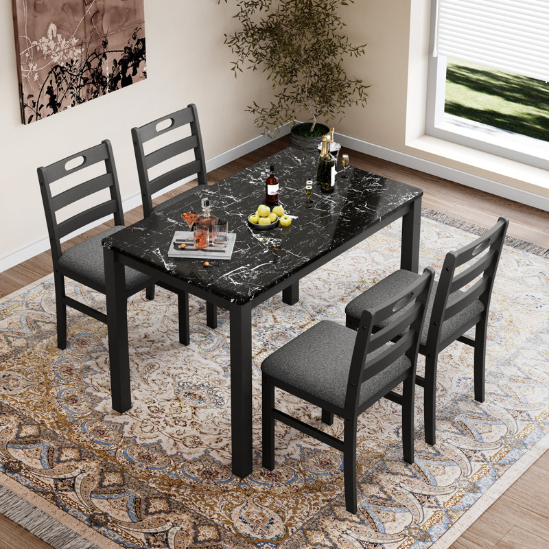 Ensemble de table de salle à manger 5 pièces Modern Farmhouse, Veined Black Marble/Grey