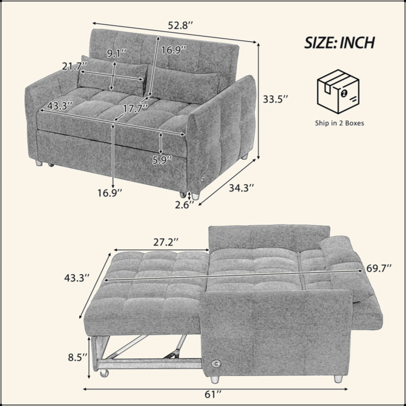Loveseat Sofa Pull-Out Sofa Bed Tufted Sleeper Sofa With An Adjustable Backrest, Three USB Ports And Two Lumbar Pillows For Living Room