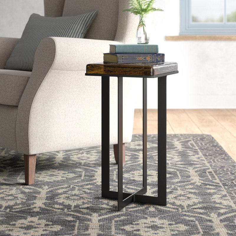 Amber Cast Glass Top Square End Table with Black Cross Legs