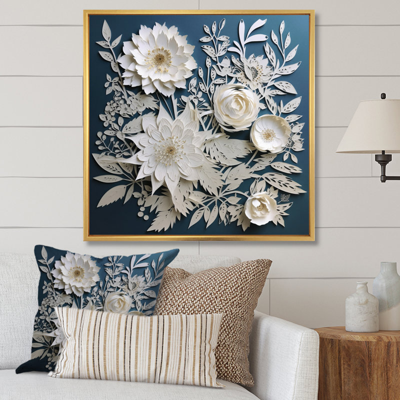 «Ryot White and Blue Flowers Bouquet Elegance», reproduction sur toile, H 30 po x l 30 po, Cadre flottant doré
