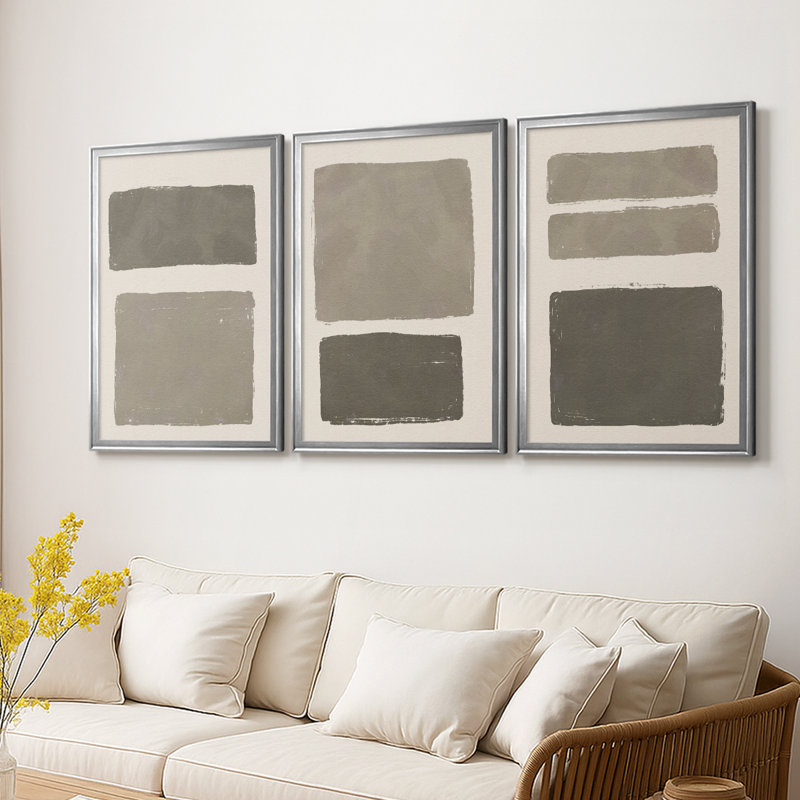 Neutral Color Block I - Toile tendue avec châssis sur mesure - 3 pièces, Argent argent, H 15 po x l 19 po