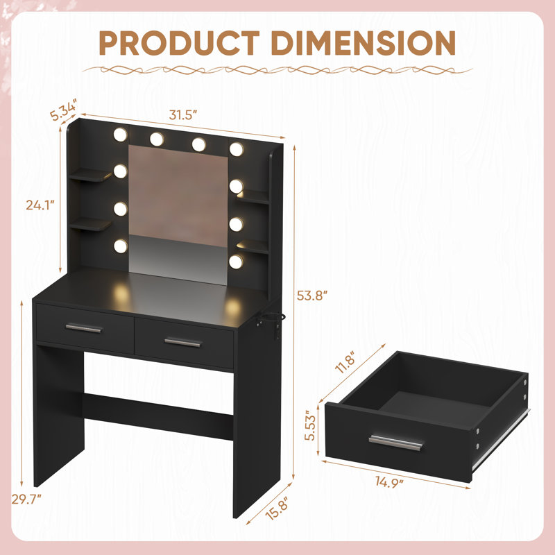 Makeup Vanity Desk with Lighted Mirror & Power Outlet, Black