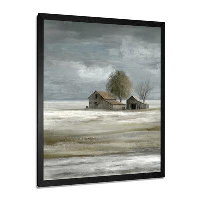 «White Grey Farmhouse In Winter Countryside Landscape - Barn Farm Ranch, reproduction d'art sur toile encadrée, blanc ferme