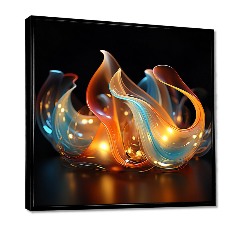 Feu, vagues d'eau, bleu et orange - formes modernes abstraites, art mural, Toile avec cadre flottant noir, H 36 po x l 36 po