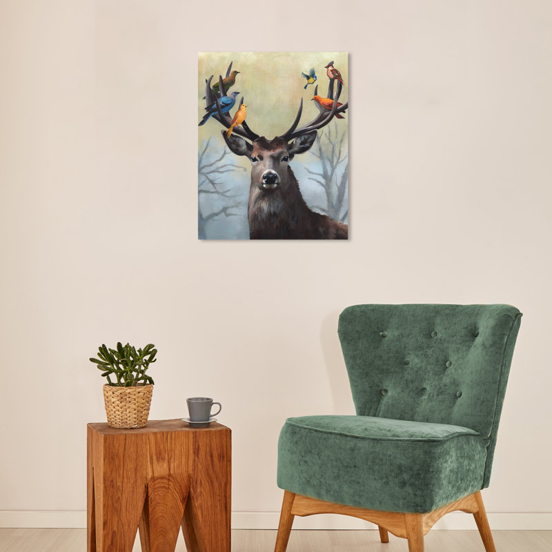 Mignon cerf avec oiseaux par Wynwood Studio, H 20 po x l 16 po x P 0,8 po