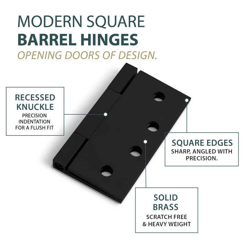 Charnières de porte MEGA HANDLES avec coins carrés (paquet de 2) - charnière de porte en acier inoxydable 4 x 4 po, vis incluses - noir élégant