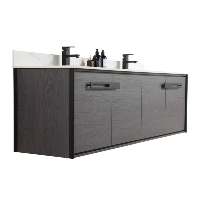 72'' Double Bathroom Vanity with Carrara Quartz Top, Black Coal Oak, Matte Black
