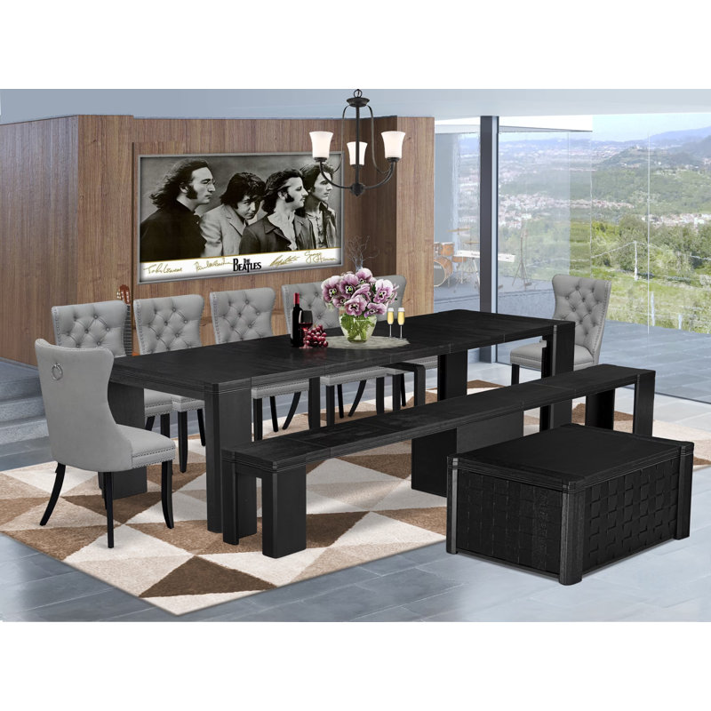 10-pc Xtenczar Dining Table Set a Rectangular Kitchen Table with a coffee Table and a wooden Bench and 7 Light Gray Polyester Fabric Dining Room Chair, Wire Brushed Black