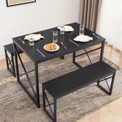 Kitchen Table with 2 Benches for 4 Wood Dining Room Dinette Sets with Metal Frame for Breakfast