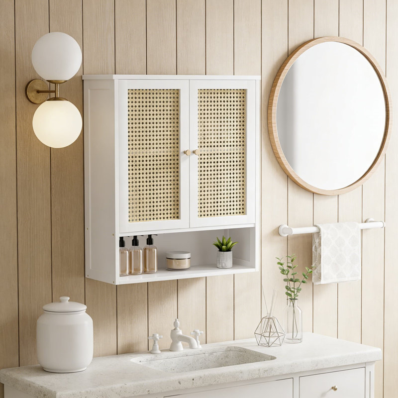 Armoire de rangement en bambou au-dessus de la toilette avec portes en rotin et tablette réglable - Organisateur mural peu encombrant pour la salle de bain, la cuisine ou le salon