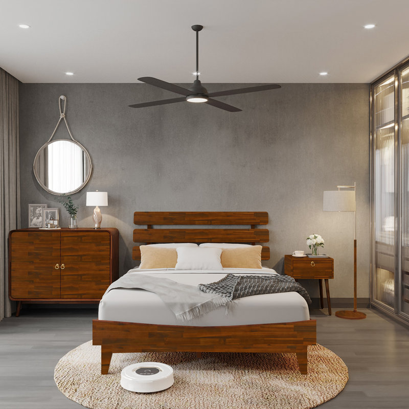 Lit plateforme en bois massif avec tête de lit ajustable Caden, style Mid-Century moderne, Grand, Chocolat noir