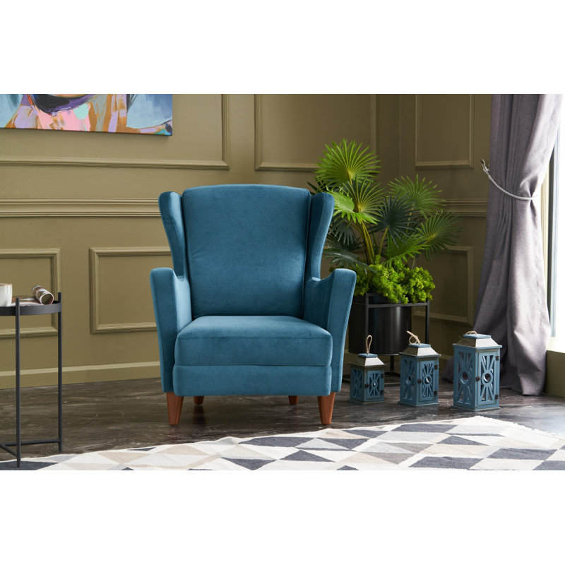 Elegant Wing Chair, Turquoise Velvet, 30.3 x 38.6 x 31.5 inches | Beech Wood Frame & Legs | 100% Polyester Easy Clean Fabric | 32 DNS Foam Cushioning | Perfect for Modern & Traditional Living Spaces