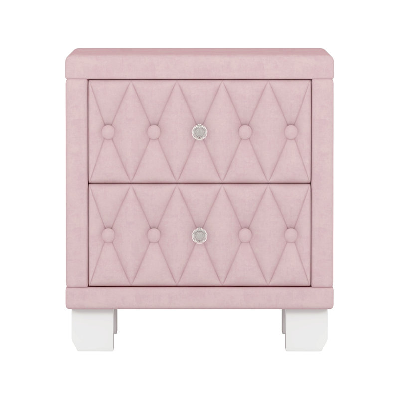 Élégante table de chevet en velours avec 2 tiroirs et poignée en cristal, table de chevet avec capitonnage à boutons, rose