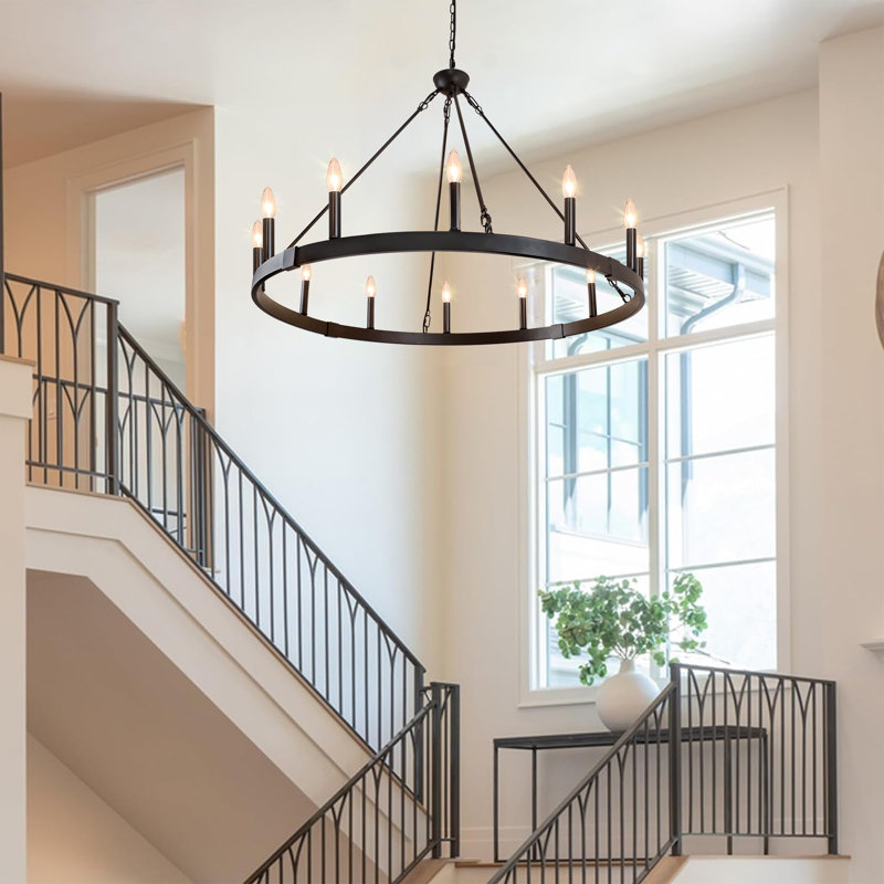 Jashlyn 12 - Light Dimmable Wagon Wheel Chandelier, Black