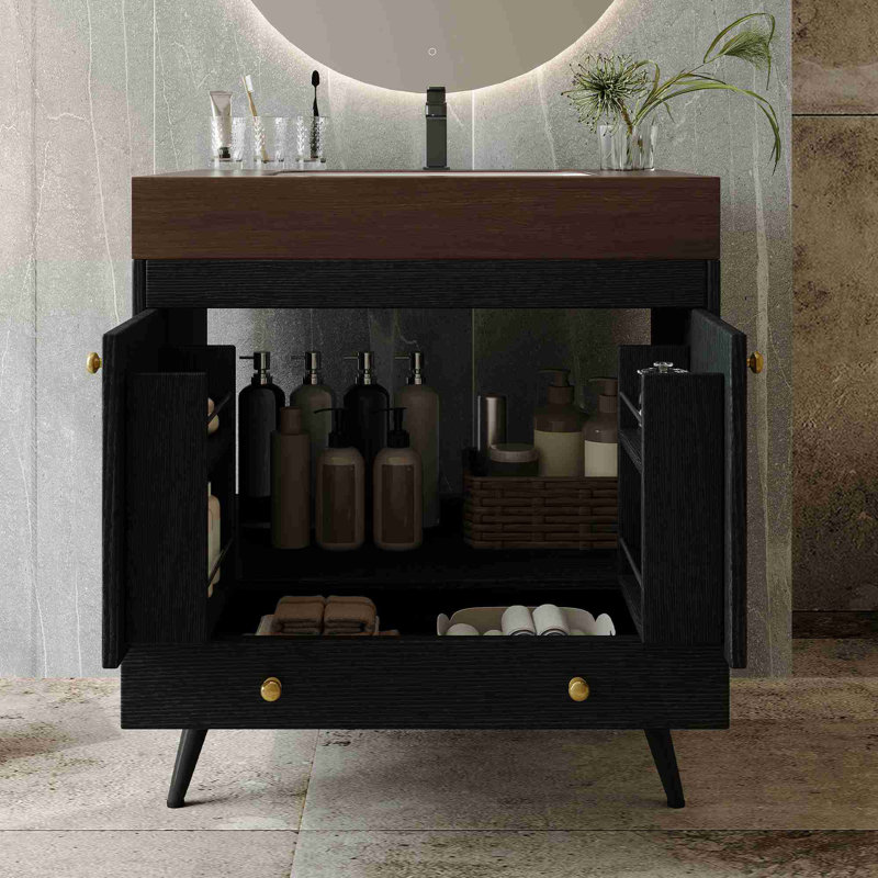 Meuble-lavabo autoportant Mid-Century, Noir, Noyer