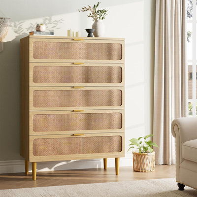 Commode 5 tiroirs en rotin pour chambre à coucher, avec tiroirs profonds