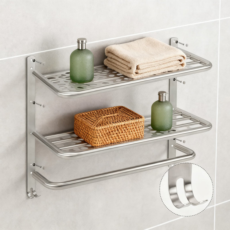 Porte-serviettes mural à 3 niveaux avec crochets, organisateur de rangement de salle de bain en acier inoxydable, porte-serviettes peu encombrant et tablette de salle de bain