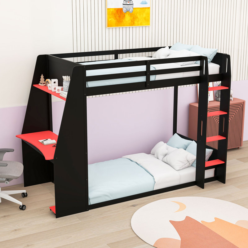 Lit superposé en bois avec bureau, tablettes, station de charge et éclairage DEL, Lit superposé simple sur simple