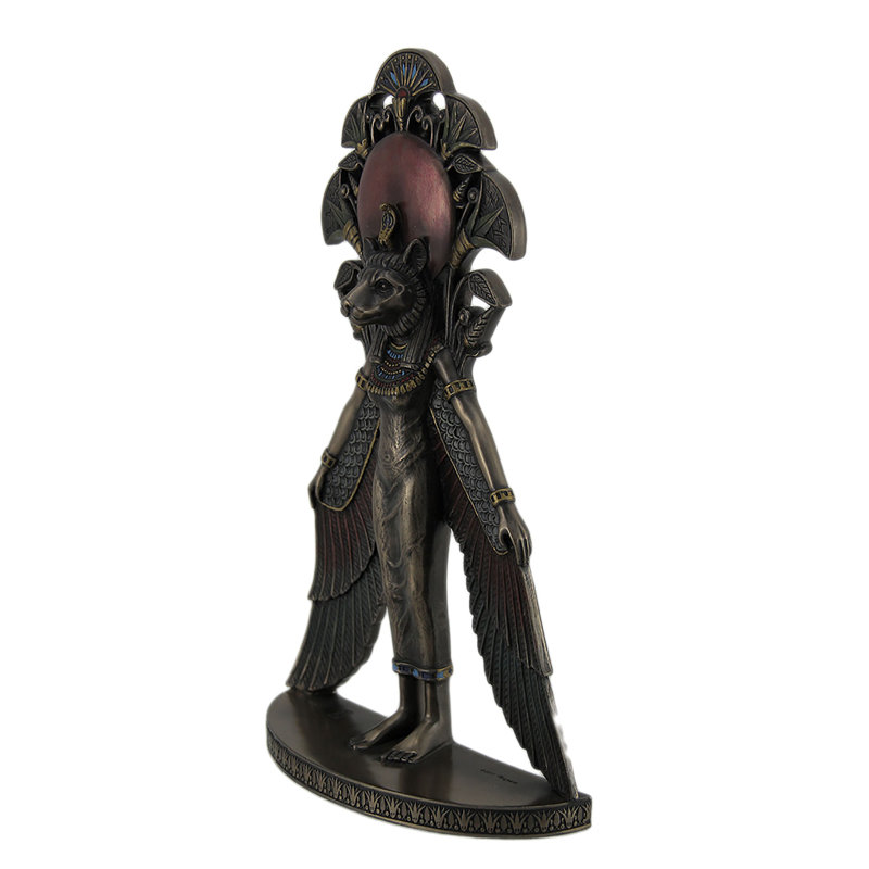 Décoration murale déesse antique égyptienne Sekhmet en résine bronze coulé à froid, aspect métallique bleu et rouge - 10,75 po x 6,75 po x 2,25 po