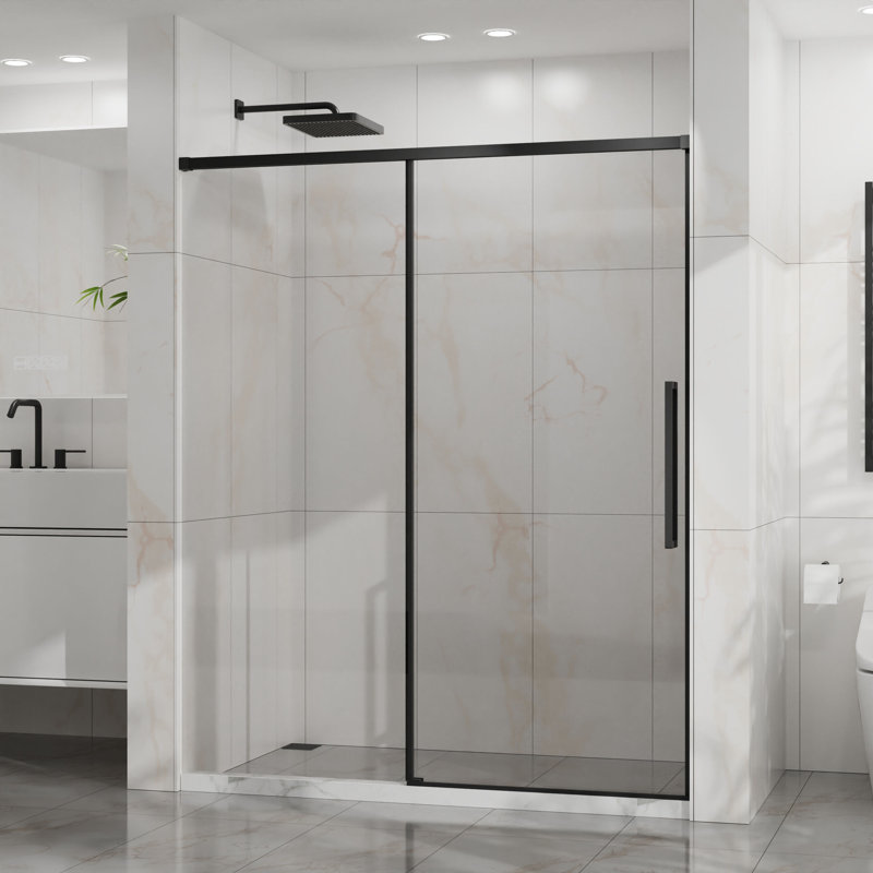 Porte de douche coulissante demi-cadre l 56 "x H 72" x H 56 ", verre trempé 1/4" avec revêtement facile à nettoyer et largeur réglable