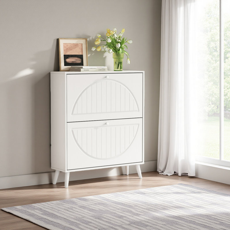 Space-Saving Tipping Bucket Storage Cabinet, Narrow Design With Carved Details, Solid Wood Legs, Anti-Tip Kit Included, For Small Spaces