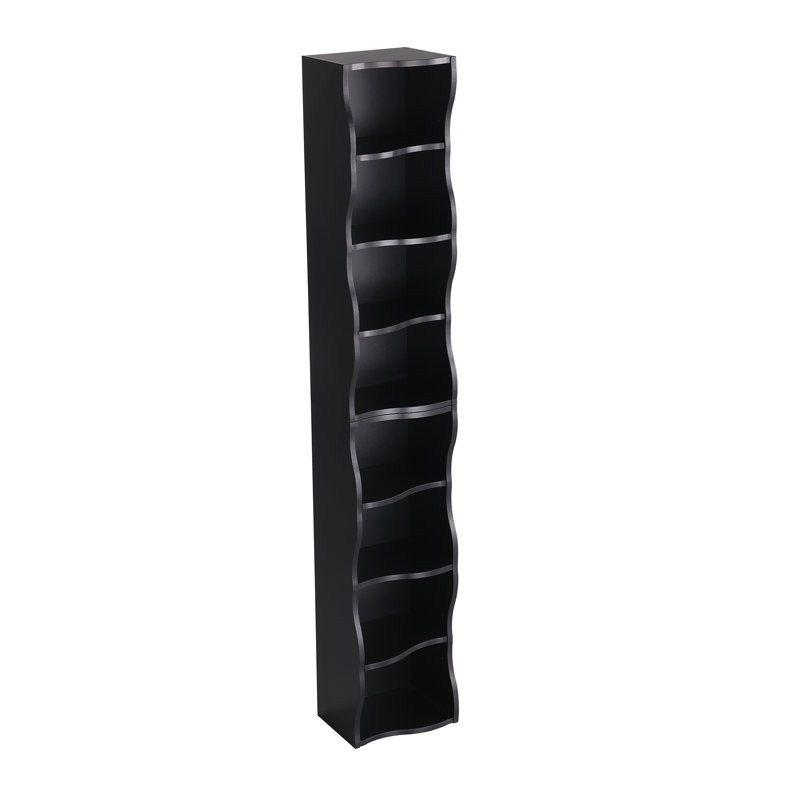 Bibliothèque ultra-mince à 8 tablettes réglables avec bordure ondulée, Noir