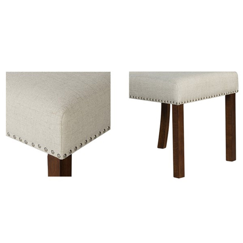 Natural Upholstered Side Chair with Wood Legs and Nailhead Trim