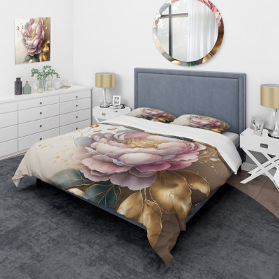 Ensemble de housse de couette rose et doré Camellia Flower II - Floral Camellia - Polyester microfibre