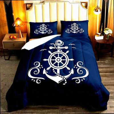 Ocean Breeze Nautical Comforter Set - Queen Size Navy Blue Anchor Bedding with Coastal Theme Duvet Insert for Bedroom Decor.