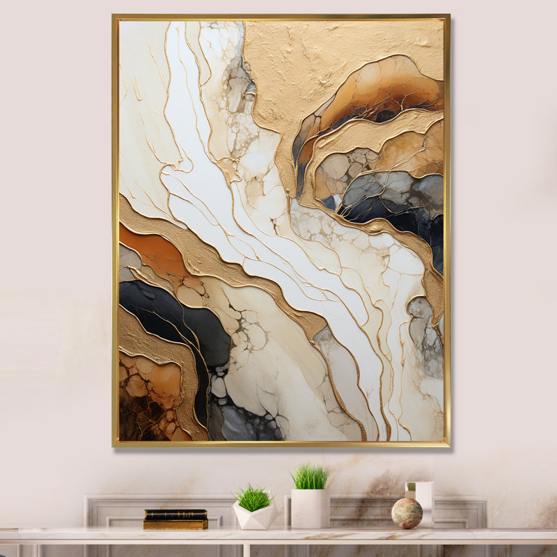 Or et rivière de marbre blanc II - impressions sur toile abstraites, Cadre flottant doré, H 44 po x l 34 po x P 1,5 po