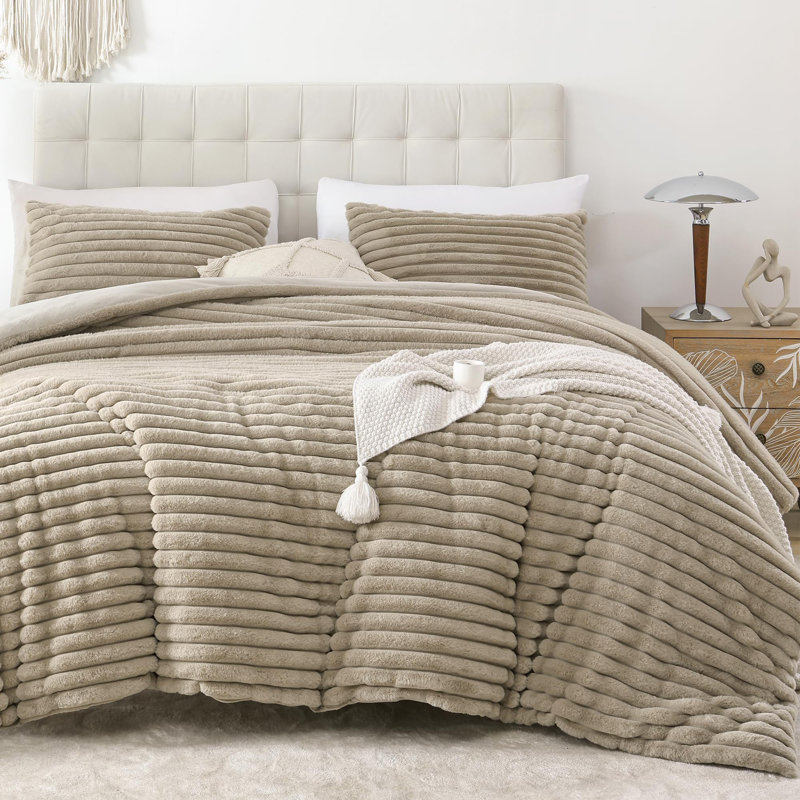 Fluffy Comforter Set 2 Pieces- All Seasons Heavy Faux Fur Comforter With One Pillowcase, Beige
