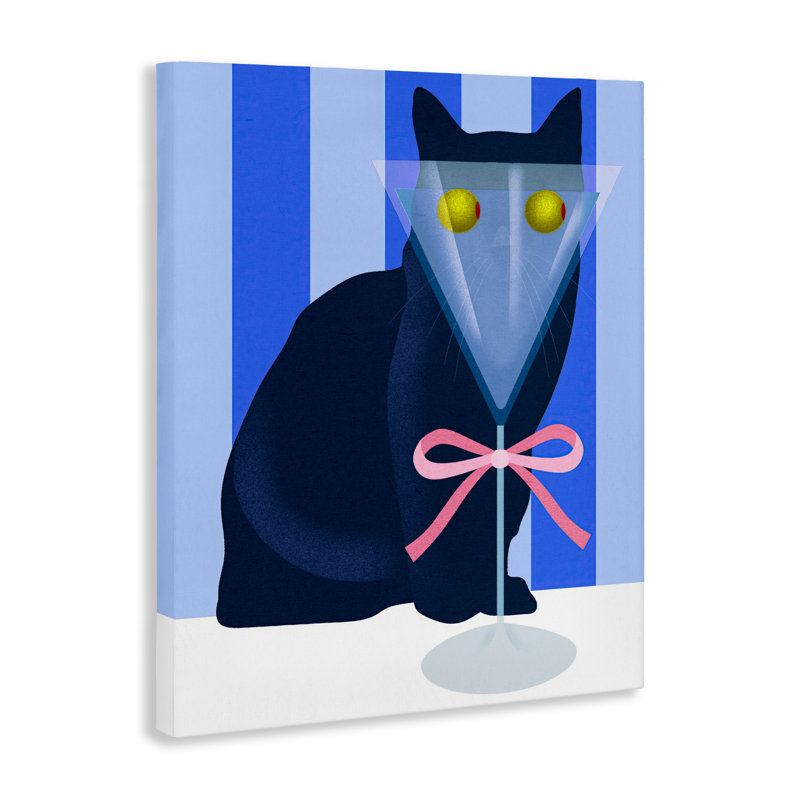 Drôle de chat Martini sur toile rayée, design par Lil 'Rue, H 20 po x l 16 po