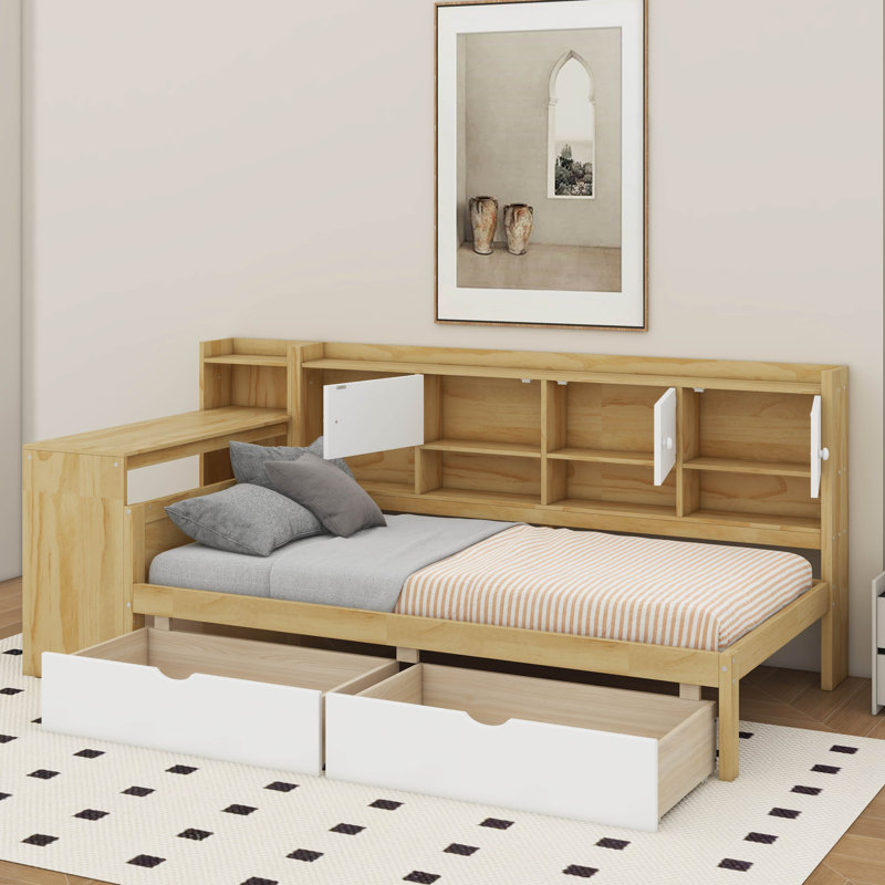 Lit de jour simple avec armoires et tiroirs de rangement, Naturel / Blanc