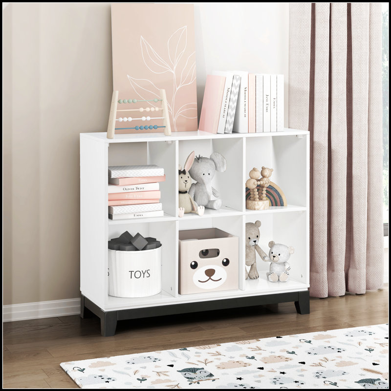 Bibliothèque élégante à 6 tablettes en bois avec finition blanche et accents gris pour une organisation moderne, Blanc