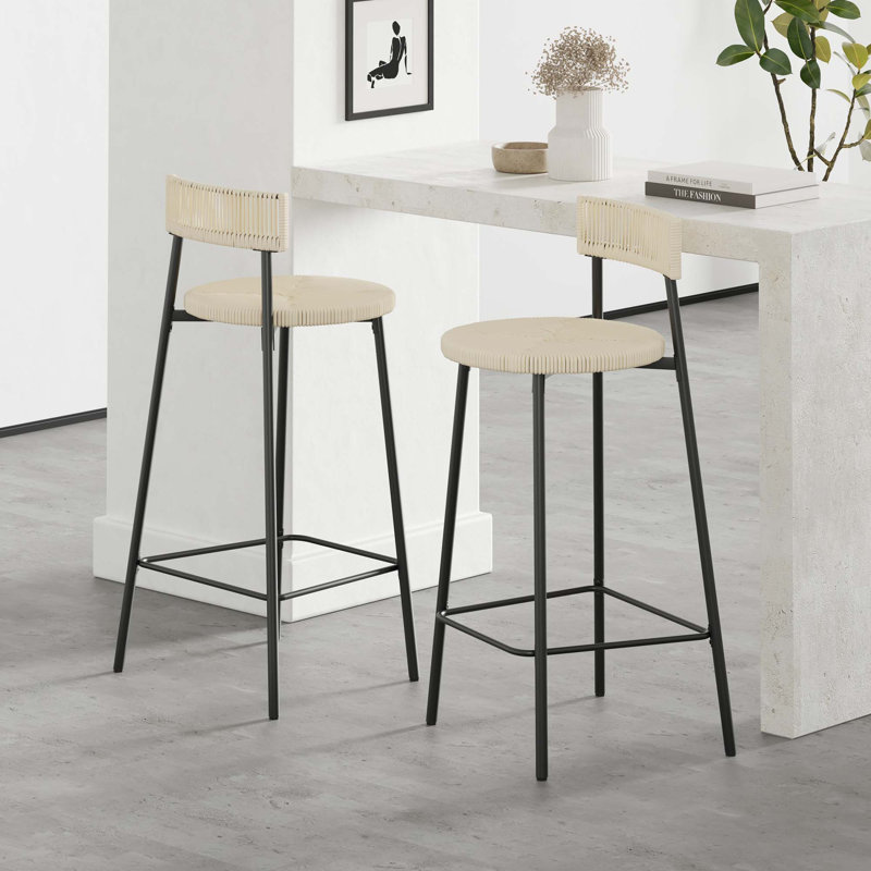 Tabourets de bar ronds en papier tissé à la main avec dossier et repose-pieds pour îlot de cuisine et salle à manger (ensembles 2 pièces)