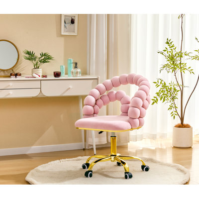 Fauteuil de coiffeuse rose en velours rose avec base dorée, fauteuil d'appoint ergonomique pivotant à 360 °, jolie chaise de bureau roulante pour la chambre à coucher, coiffeuse de maquillage, bureau personnel