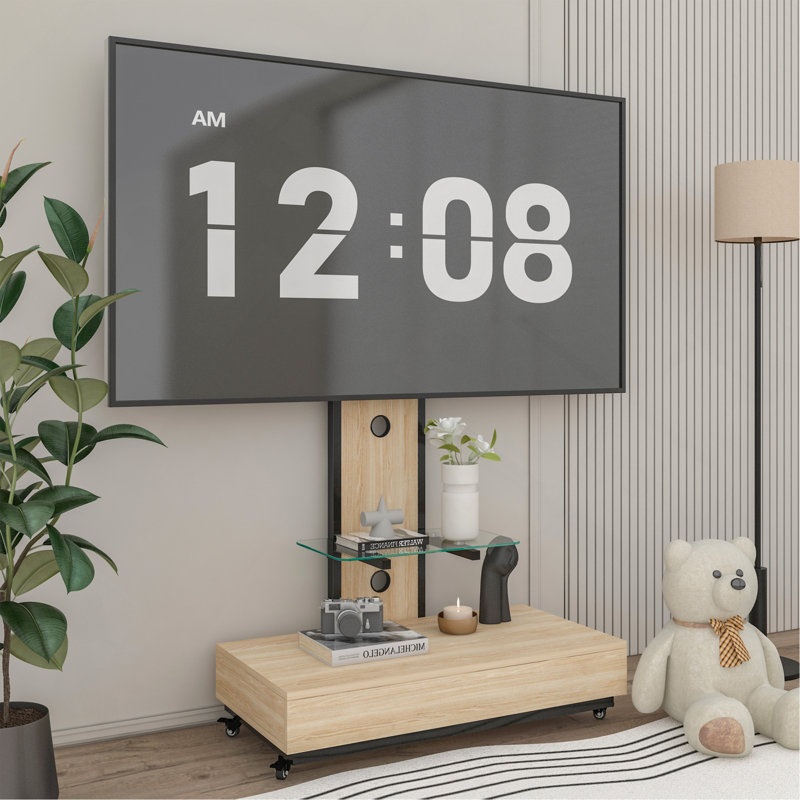 Adjustable Mobile TV Stand With Push-Pull Drawer And Tempered Glass Shelf For 32-75 Inch Tvs, Natural Wood & Glass Design