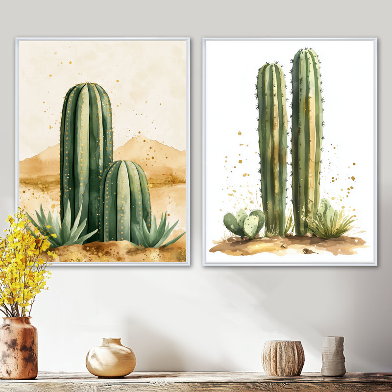 Couple de cactus en fleurs I - Affiche murale en deux parties, 32" H x 48" W, White Floater Framed