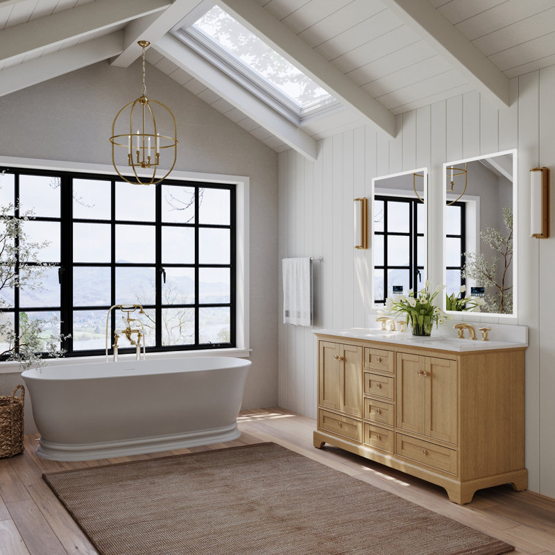 Audrey 60'' W Double Vanity, Oak/Rose Gold, Pure White Quartz
