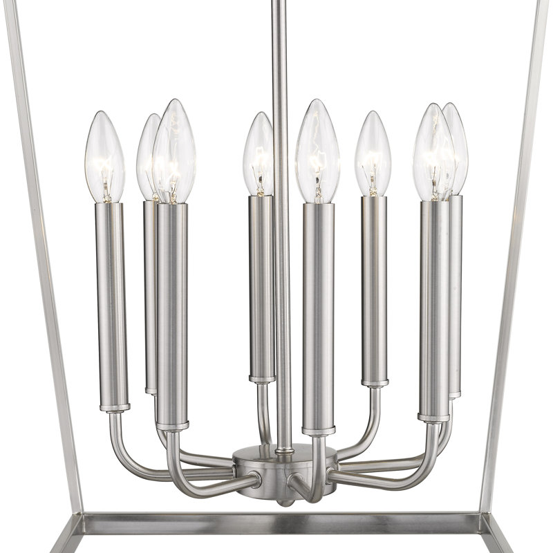 Lustree géométrique 8 lumières lanterne Rancourt, Nickel satiné