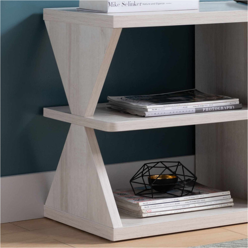 Meuble télé moderne avec quatre tablettes ouvertes et trois tiroirs de rangement - Chêne blanc