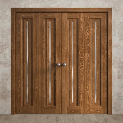 Portes coulissantes doubles pliantes pour placard 96 x 80 pouces Ego 5014 Chêne Cognac, rails robustes, moulures, garnitures, quincaillerie, bois massif, portes de placard de chambre