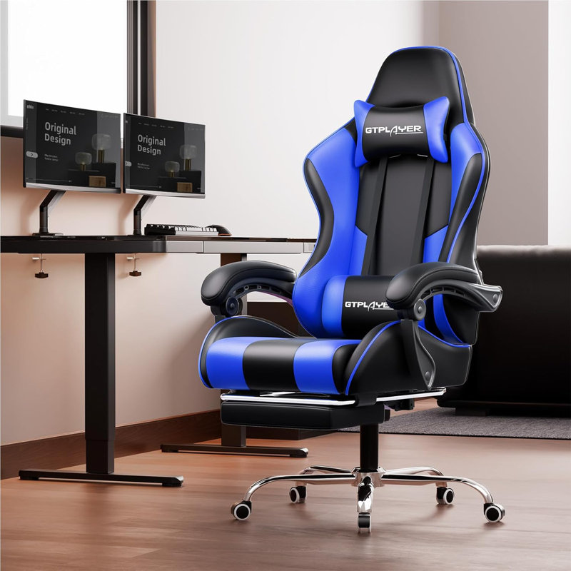 Fauteuil de jeu avec repose-pieds et soutien lombaire GTPLAYER, siège de jeu réglable en hauteur avec siège pivotant à 360 ° et appui-tête et pour le bureau ou les jeux (bleu)