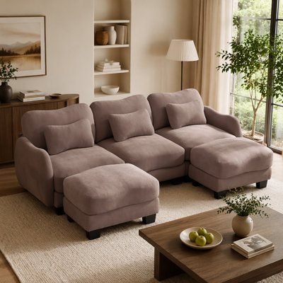 Canapé en forme de U en chenille avec 3 coussins de taille exquise, canapé modulaire surdimensionné à 3 places avec 2 repose-pieds mobiles, conception incurvée ergonomique, canapé modulaire facile à assembler pour le bureau du salon, poussière de rose