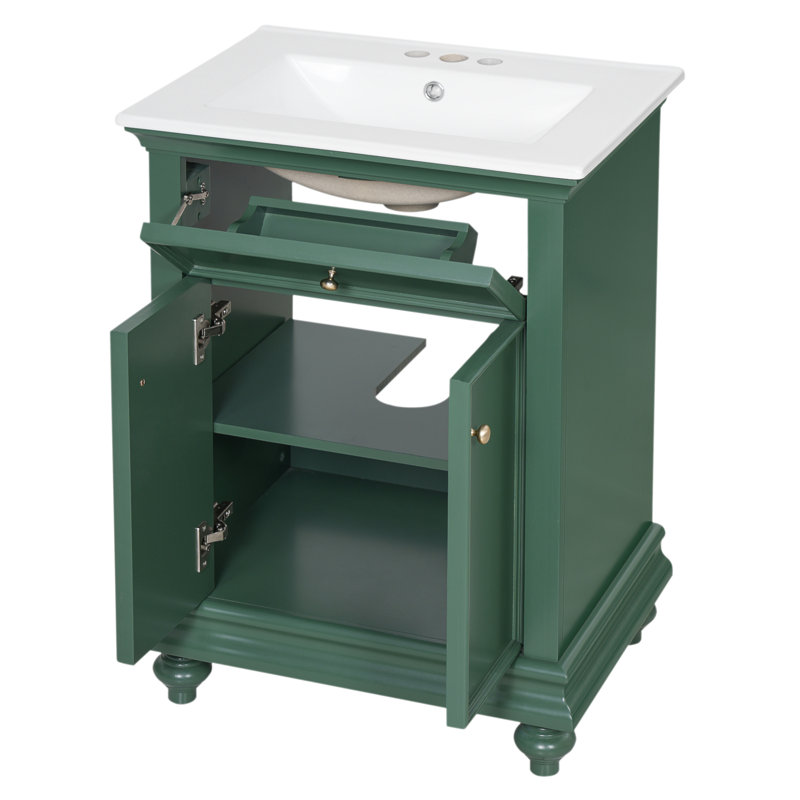 Meuble-lavabo moderne de 24 po avec tiroir basculant et charnières à fermeture en douceur, armoire de salle de bain avec structure ouverte au dos, pieds tournés en boule avec élégance française