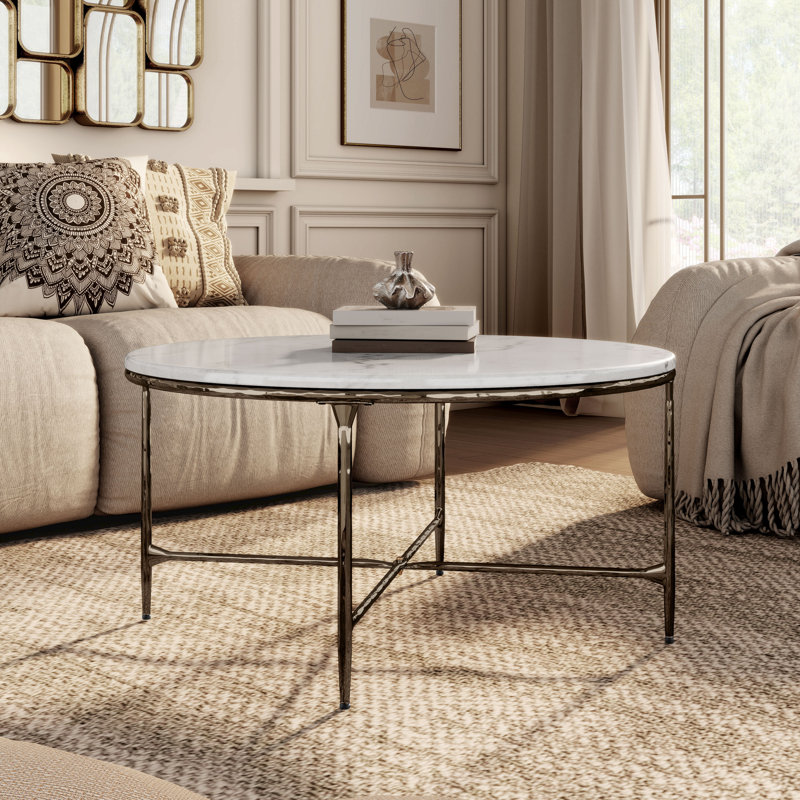 Aureum Modern 35"W Round Genuine Marble Coffee Table with Metal X-Brace