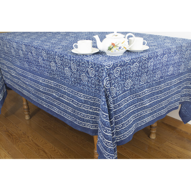 Mishele Rectangle Geometric Cotton Tablecloth, 108" x 72", Blue