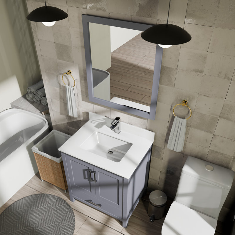 Jacques 30 in. W x 22 in. D Bath Vanity, Faucet Set, and 28 in. Mirror, Dark Gray, White Quartz